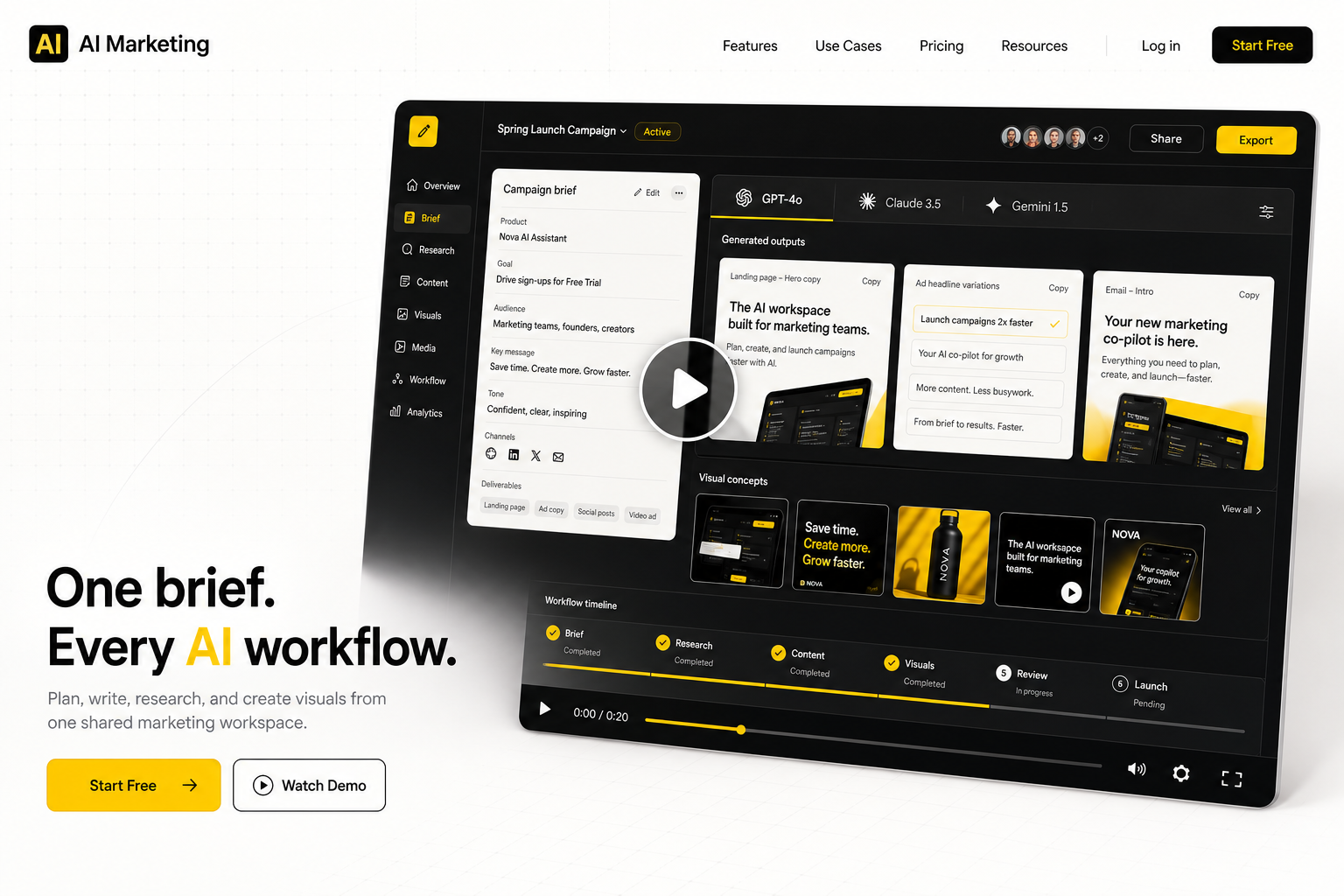 AI Marketing homepage hero concept showing a product-led black, yellow, and white workspace design