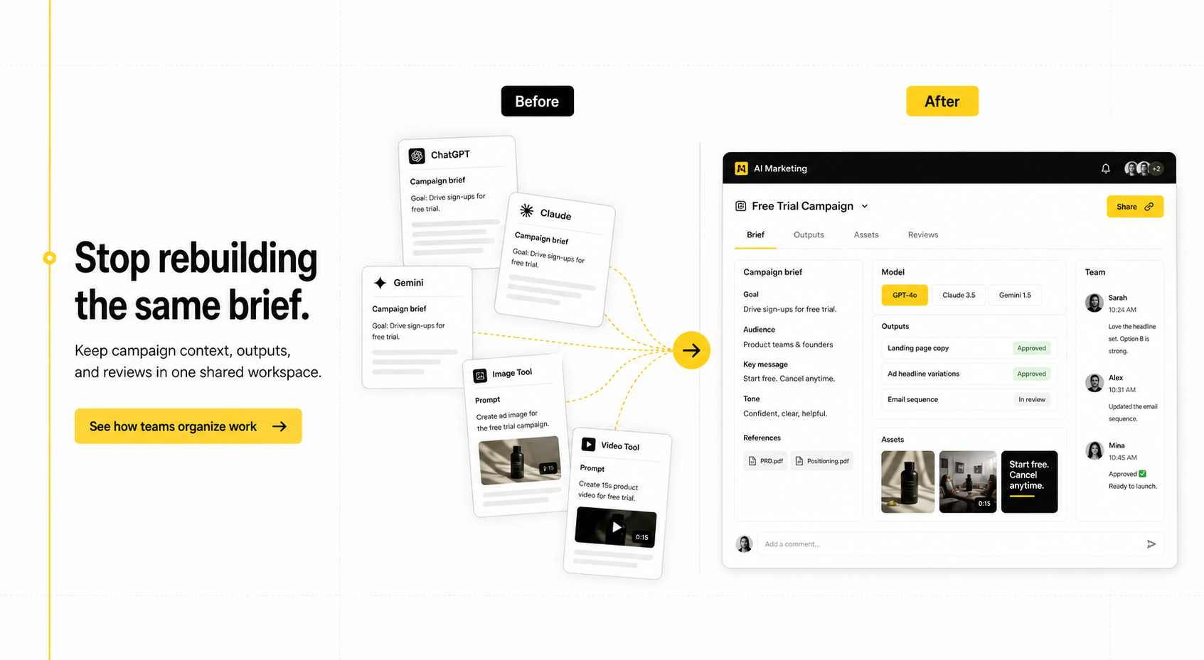 Before and after concept showing scattered AI tools converging into one AI Marketing workspace